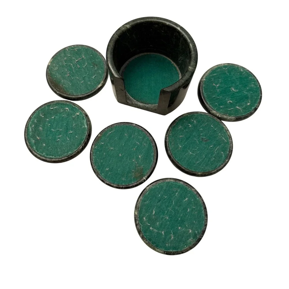 Vintage Dark Green Marble Coaster Set with Cork Inlays and Matching Holder 6pc